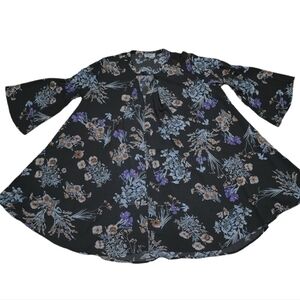 Umgee Tunic Dress Gray Floral Small Bell Sleeves Boho Keyhole Neckline